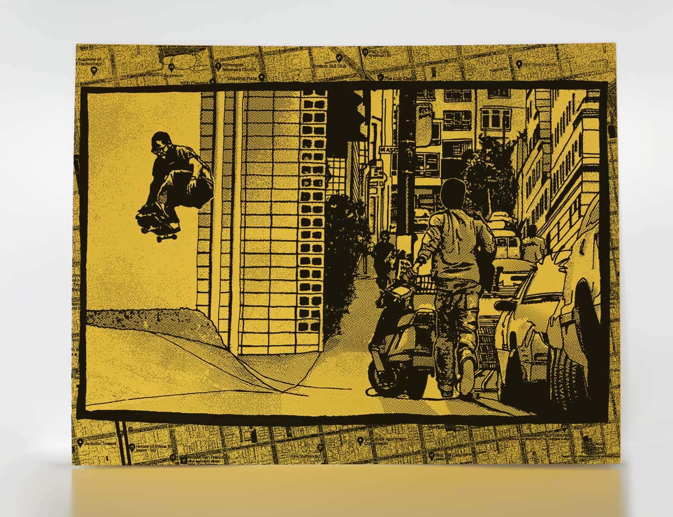 Hand drawn halftone illustration of Barker Barrett ollieing at Mason and Broadway, San Francisco. Based on a 1990s photo by Dennis McGrath. Artwork by Chris Morgan.