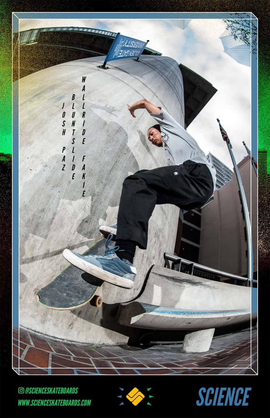 Josh Paz - blunt slide to wallride in San Francisco. Print ad design and photography by Chris Morgan for Skate Jawn Issue 57.