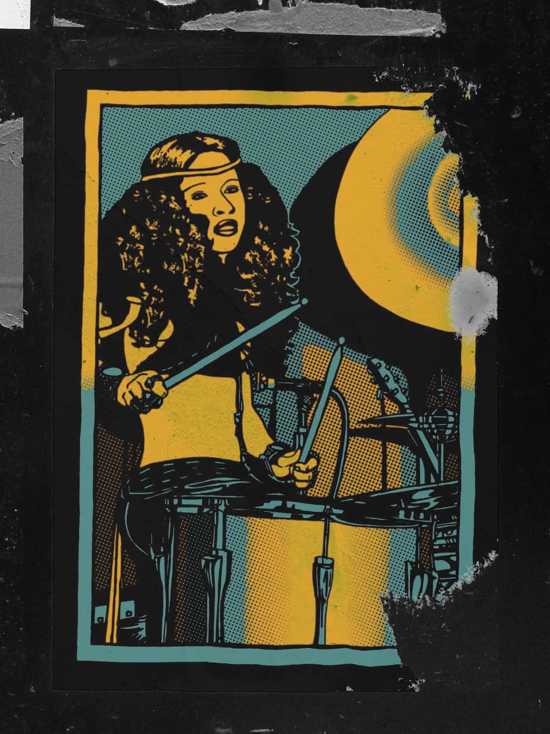 Illustration of Chaka Khan behind the drums during her early years with Rufus, created by Chris Morgan using halftones and sharpie markers.