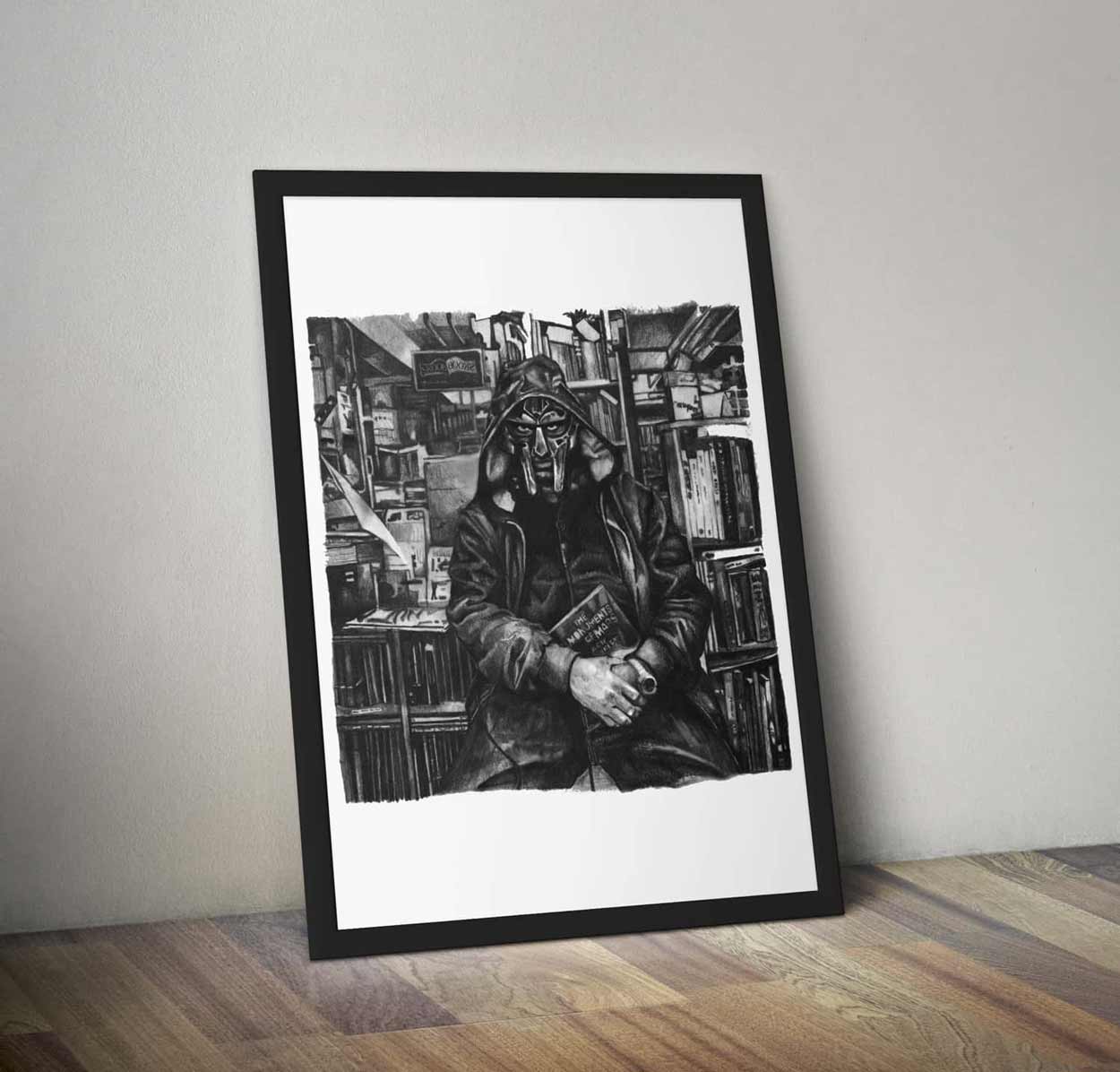 Hand drawn pencil drawing of MFDOOM. Artwork by Chris Morgan, 2023.