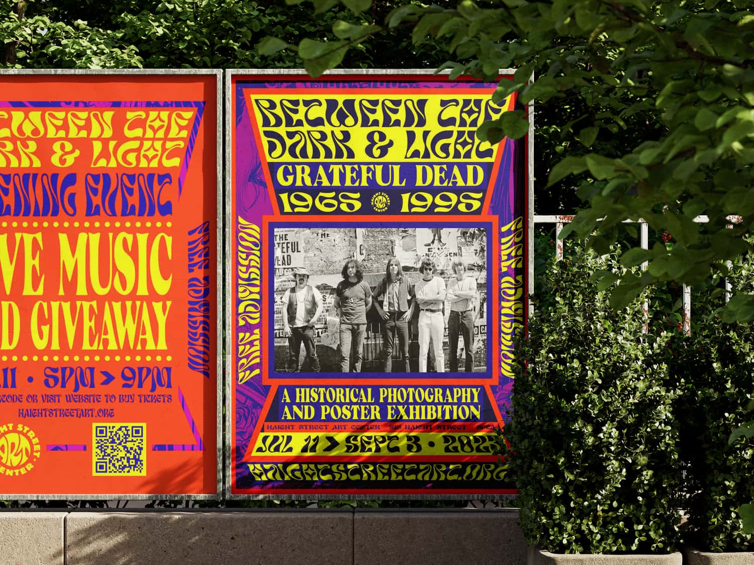 Poster design for 'Between The Dark and Light,' a Grateful Dead photography retrospective curated by Jay Blakesberg at Haight Street Art Center, San Francisco. Graphic design: Chris Morgan. Illustration: Caitlin Mattison. Photography: Jay Blakesberg.