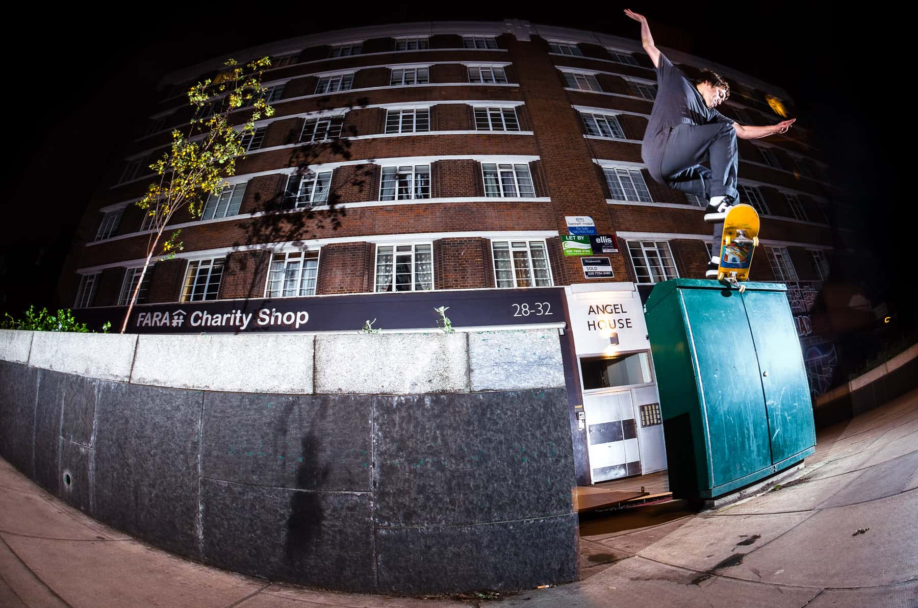 Josh Cox gap to crooked grind. Skateboard photography by Chris Morgan, London 2017. Shot with a 10.5mm fisheye lens.