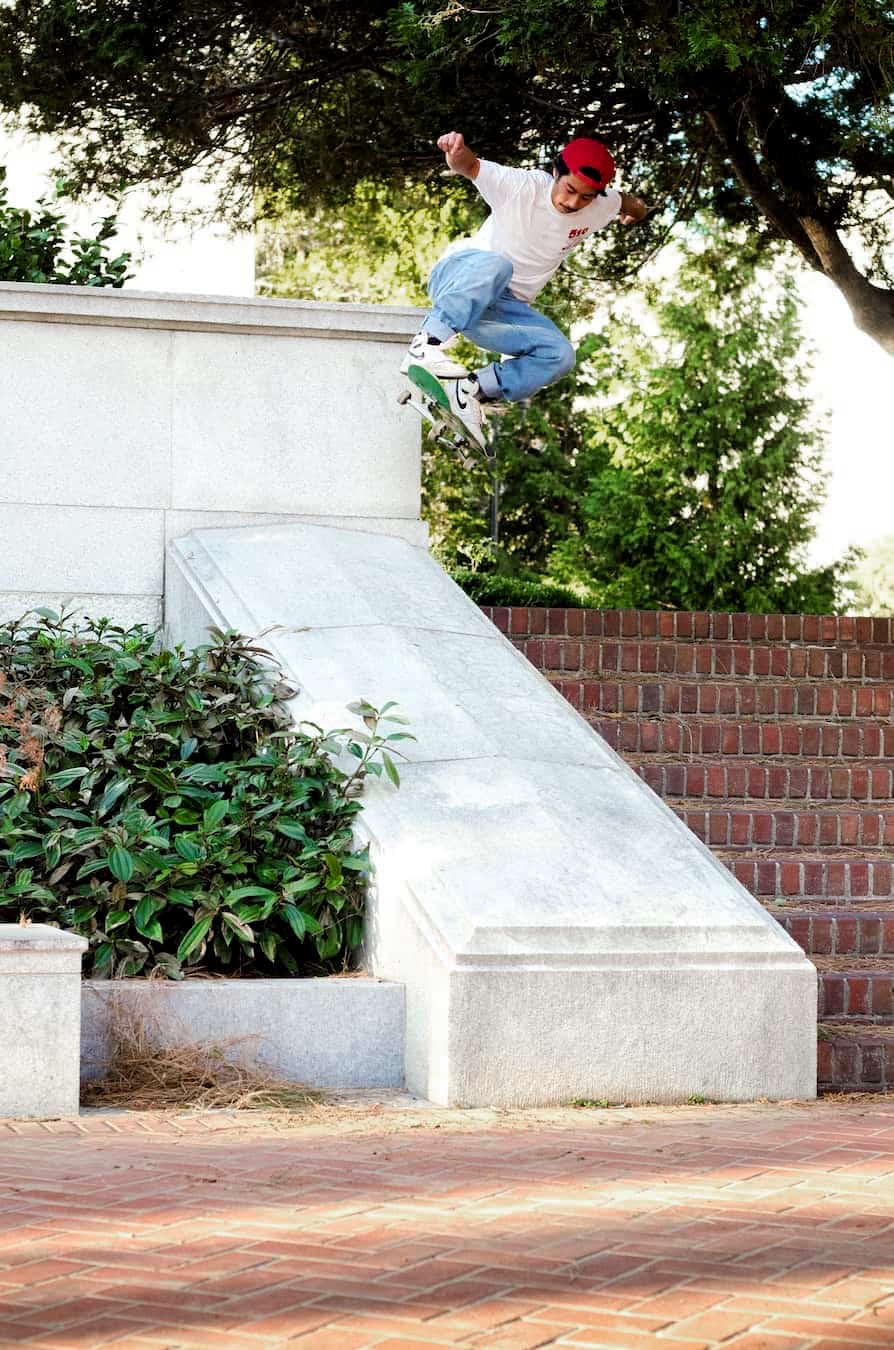Kyle Militante - wallie into bank in Berkeley. Shot on 50mm with natural light. Photo by Chris Morgan, 2019.