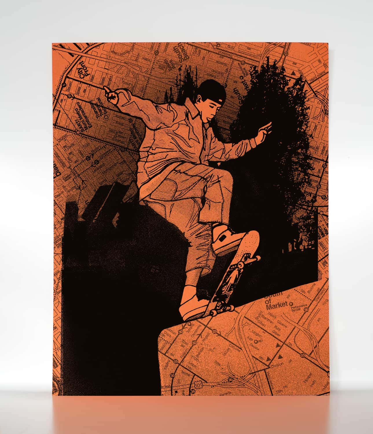 Mike Carroll front blunt at EMB, San Francisco. Artwork by Chris Morgan, 2024.