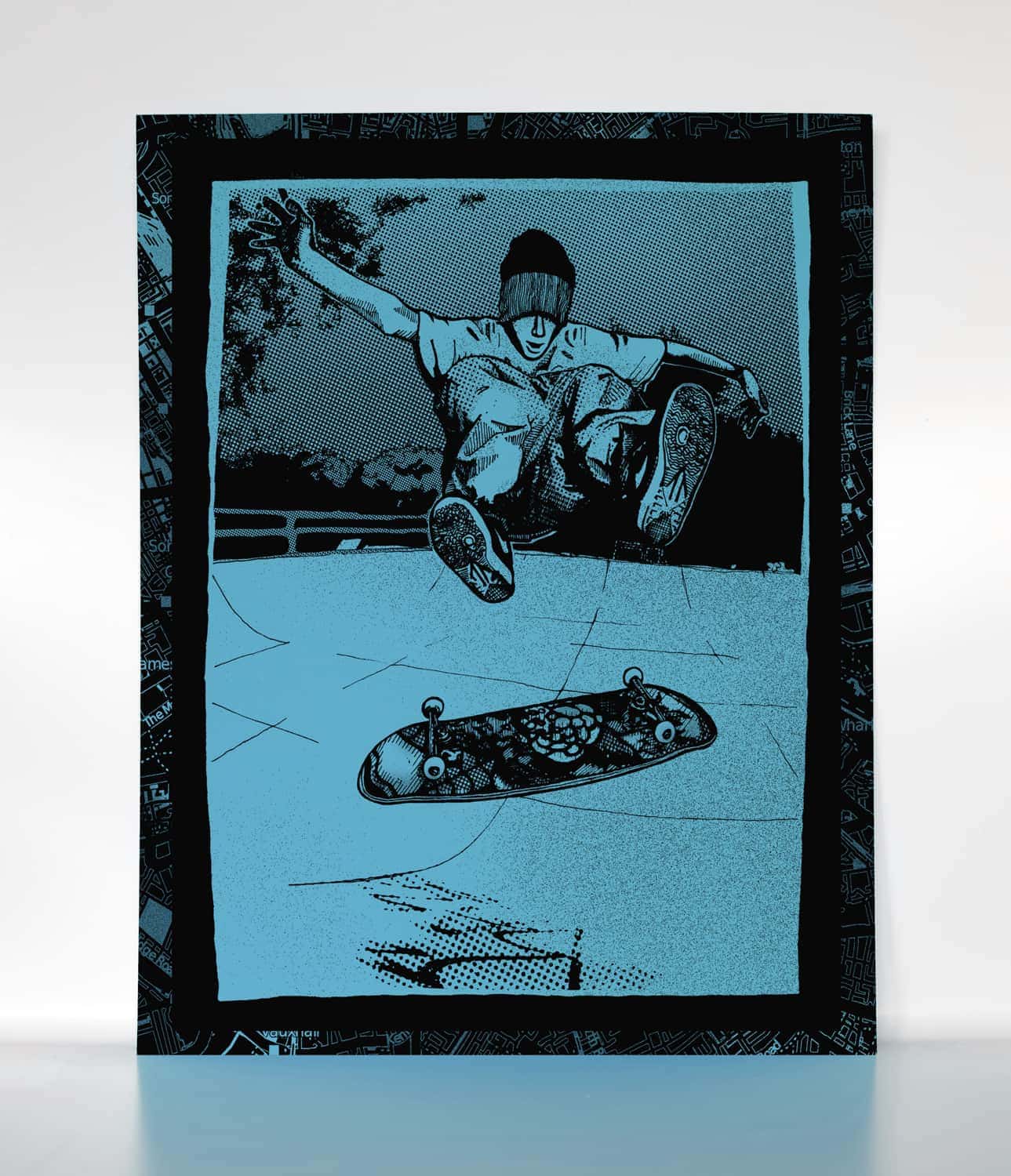 Simon Evans at Kennington Bowl, London 1992. Illustration by Chris Morgan, drawn with Sharpie and halftone texture to reflect lower the budget methods of 90s DIY print style.