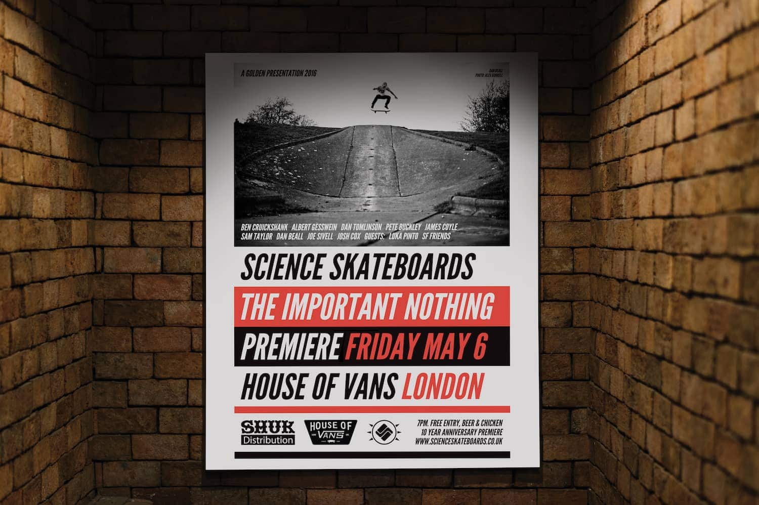 Science Skateboards 'The Important Nothing' premiere poster for House of Vans Sk8 Fry-DAY, London. Design by Chris Morgan. Photo of Dan Beall frontside flip by Alex Burrell.